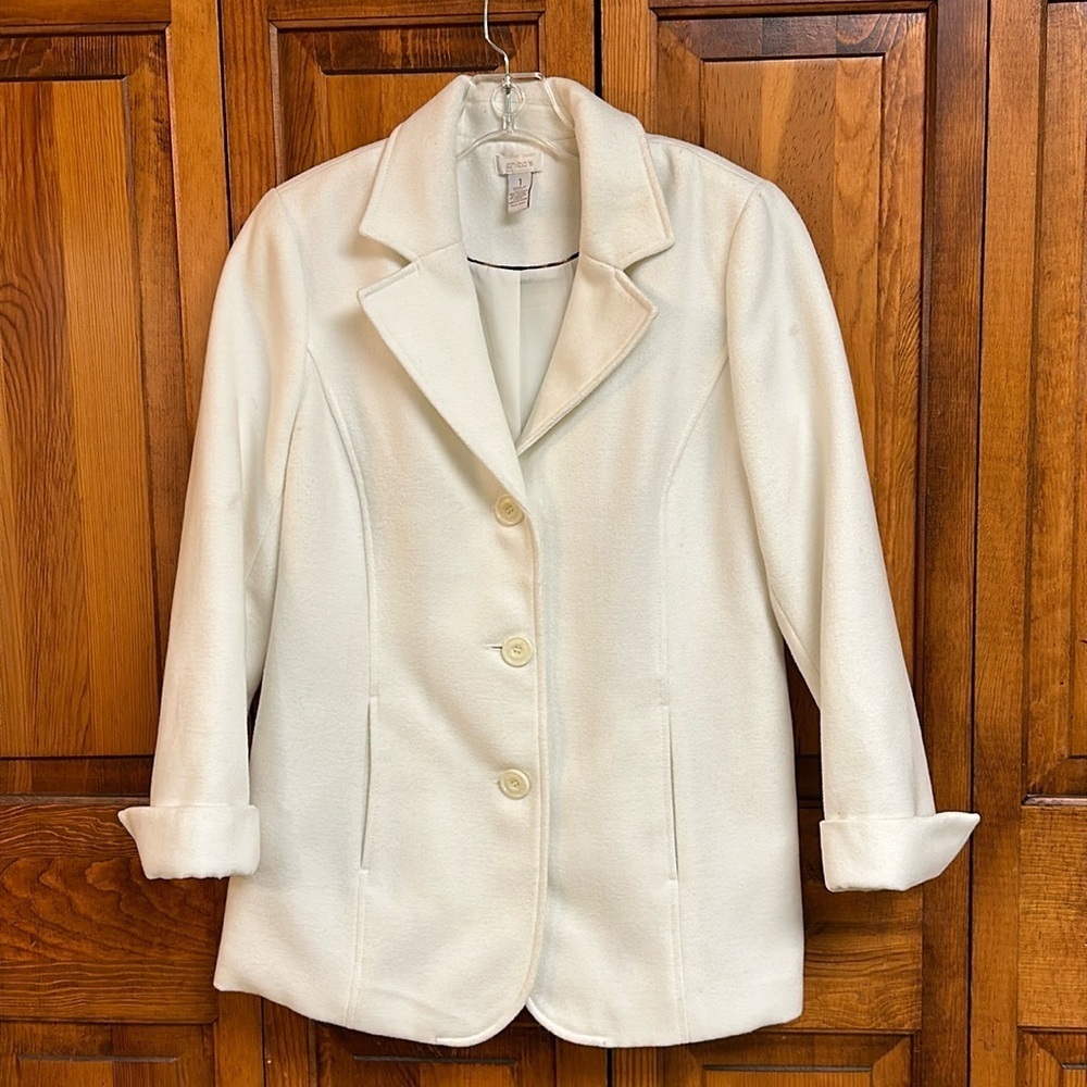 Chico's Merring II Blazer Jacket White Smooth Plush Fleece Pockets Cuffs Size 1